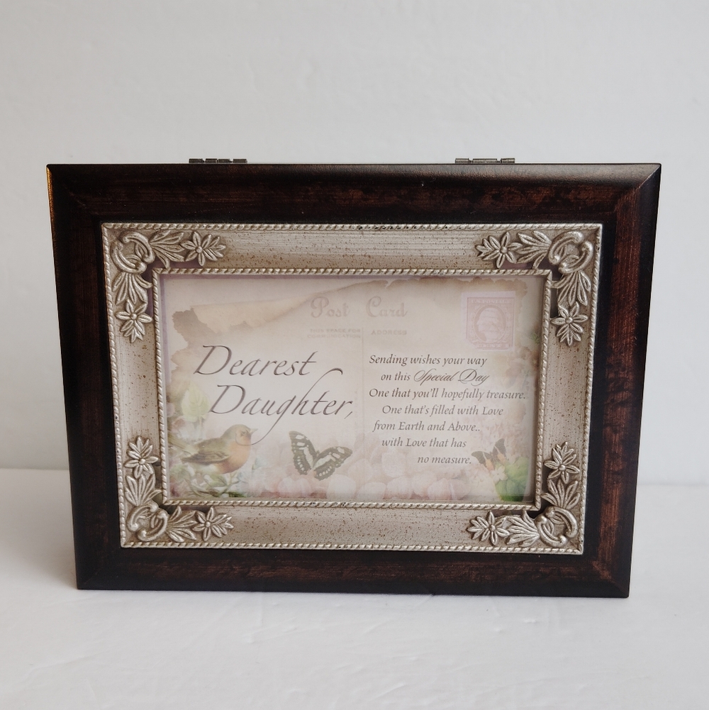 Dearest Daughter Musical Jewelry Box Burl Wood Holds 4.5"x 6.5" Photo by Sankyo